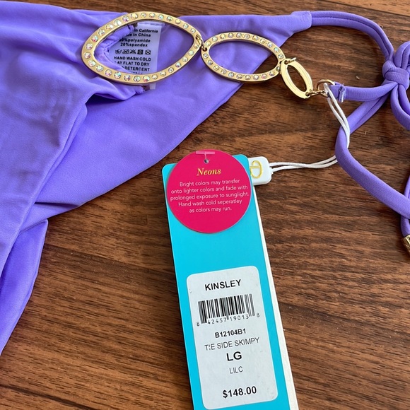 Beach Bunny Swimwear Kinsley Tie Side Bedazzled Bikini Bottom In Lilac Size L - Picture 3 of 7